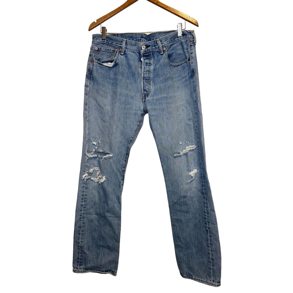 Levi's 501 Men Jeans 34x32 Denim Straight Button‎ Fly Distressed Light Wash